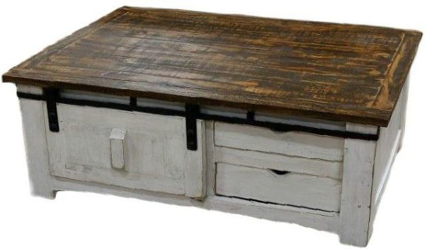 Picture of RUSTIC BARN DOOR COCKTAIL TABLE WEATHERED WHITE BROWN TOP - MD532