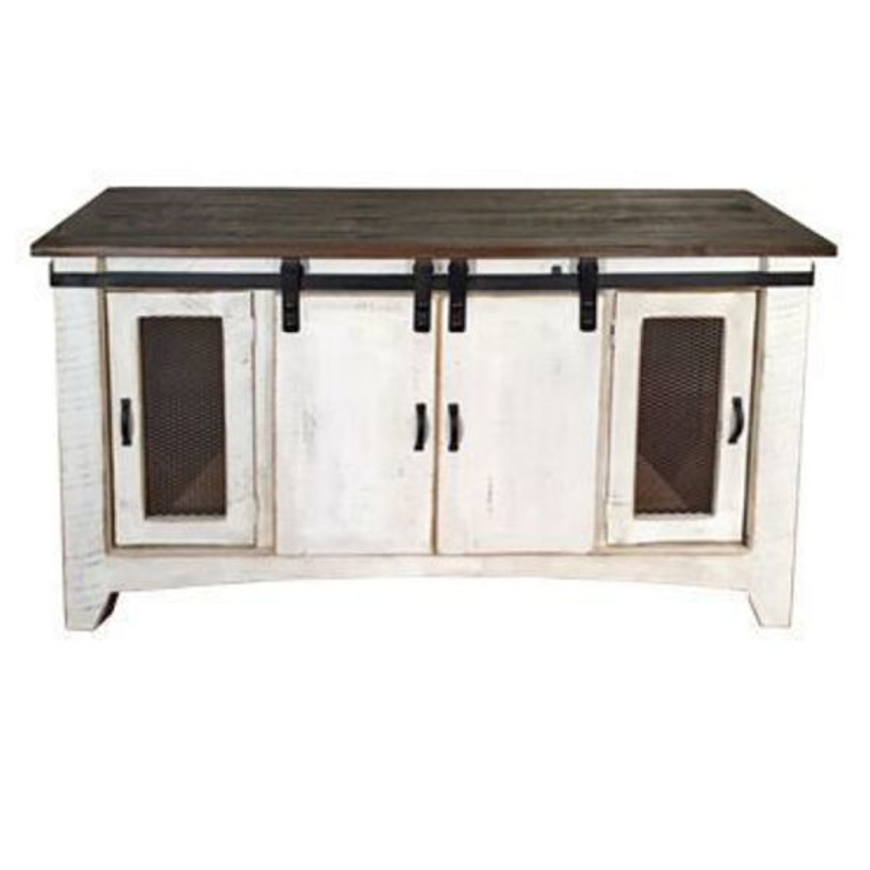 Picture of RUSTIC BARN DOOR ENTERTAINMENT CONSOLE WEATHERED WHITE/BROWN TOP - MD584