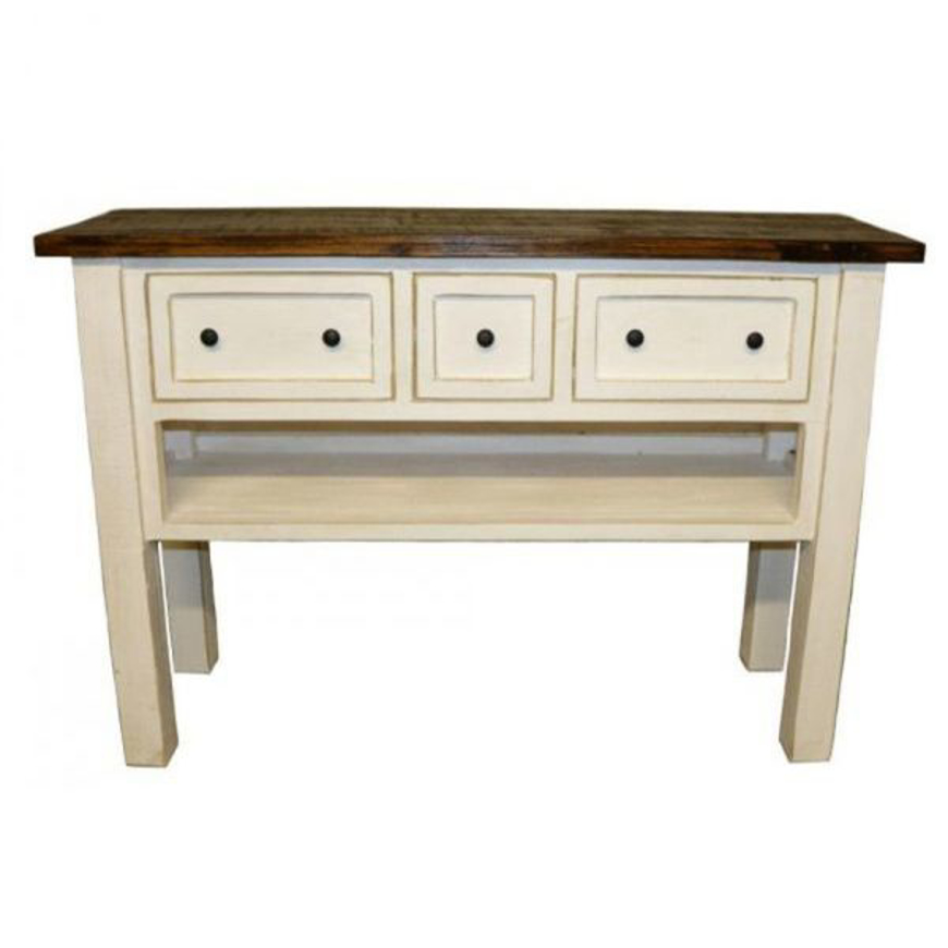 Picture of RUSTIC ENTERTAINMENT CONSOLE/SOFA TABLE WEATHERED WHITE/BROWN TOP - MD531